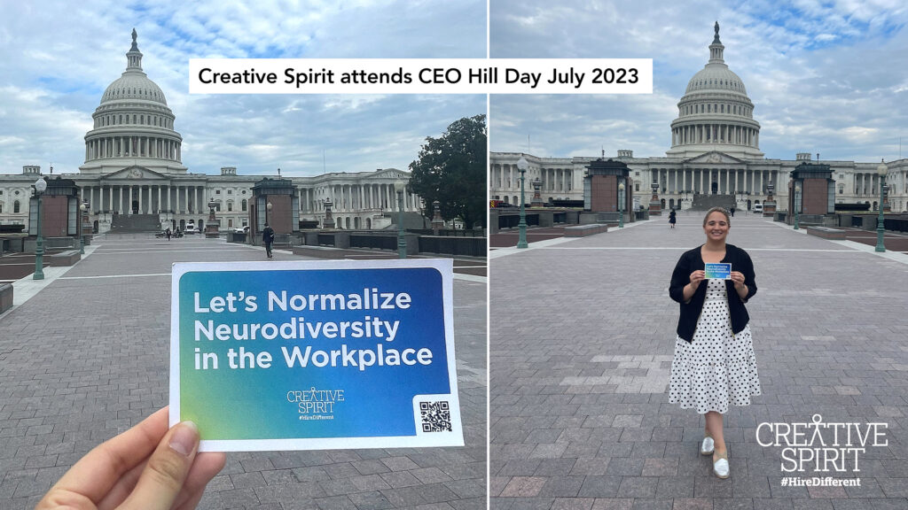 A woman holding a sign that says let's normalize neuroscience in the workplace at CEO Hill Day. 
