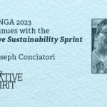 Image of Joesph Conciatori promoting the EVOLVE Sustainability report with blue background