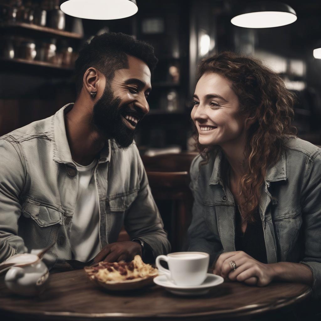 Two People dating sitting at a wooden table smilling and looking at one another. both wearinglight denim button downs over shirts. on the table are two coffees an some snacks. 