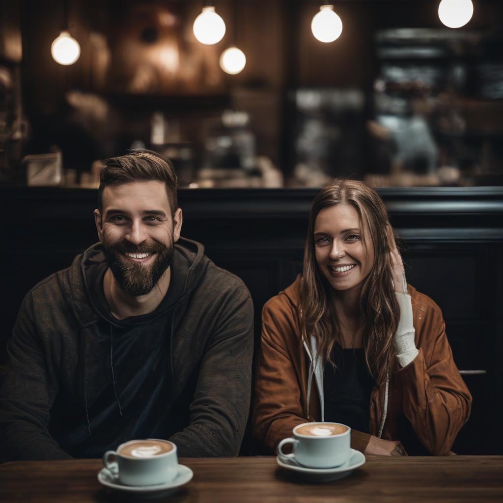 AI-generated image of a man and woman dating, smiling, and sitting, in a cafe.  facing the camera. with two cups of coffee. in front of them 