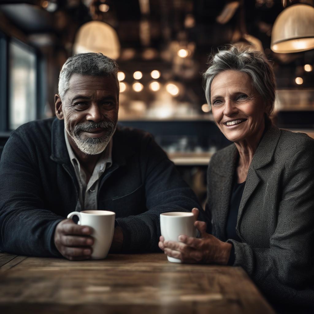 Alt-Text: AI-generated image of middle-aged couple (African-American man on the left and Caucasian woman on the right) sitting in a cafe holding cups of coffee. Man has beard and short graying hair, woman has short graying hair and a suit jacket  