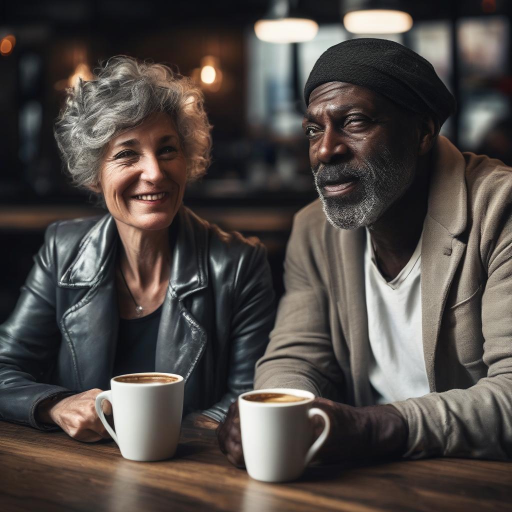 AI-generated image of middle-aged couple dating (African-American man on the left and Caucasian woman on the right) sitting in a cafe holding cups of coffee. Man has beard and short graying hair, woman has short graying hair and a suit jacket  