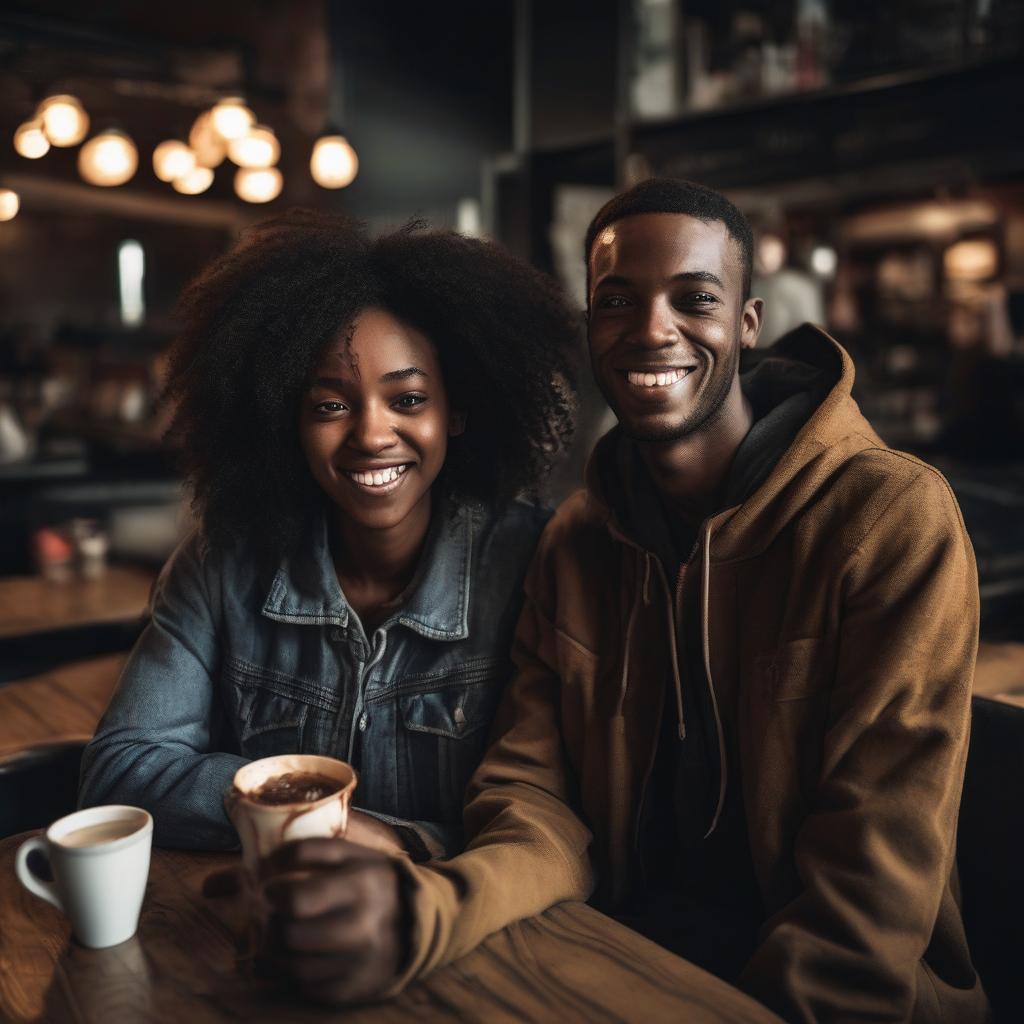 AI-generated image of middle-aged couple dating (African-American man on the left and Caucasian woman on the right) sitting in a cafe holding cups of coffee. Man has beard and short graying hair, woman has short graying hair and a suit jacket  
