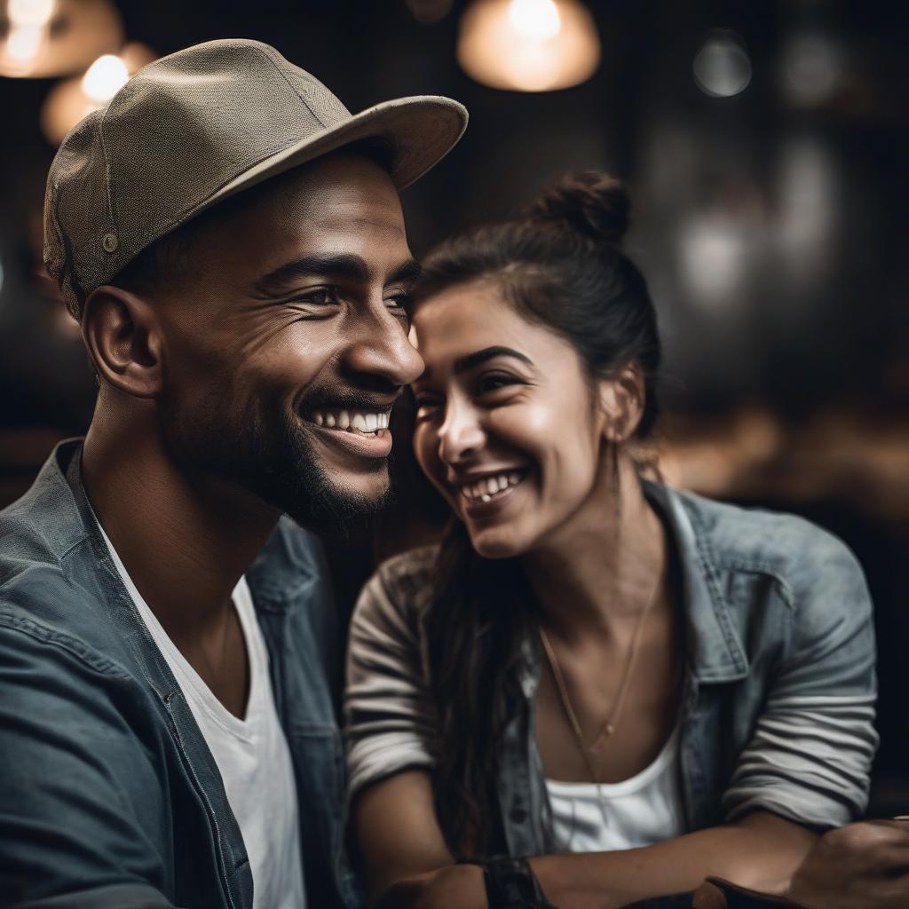 AI-generated image of middle-aged couple dating(African-American man on the left and Caucasian woman on the right) sitting in a cafe holding cups of coffee. Man has beard and short graying hair, woman has short graying hair and a suit jacket  