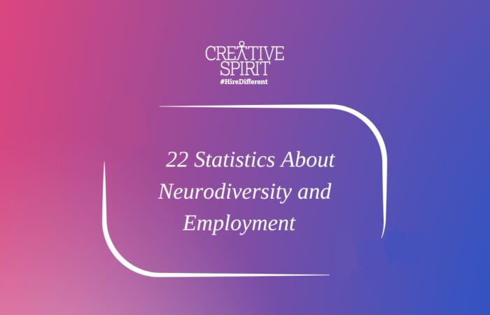 White creative spirit #HireDifferent logo over a purple and blue gradiant background. Framed Below in white reads the title: 22 Statistics About Neurodiversity and Employment.
