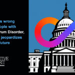 This image is a political advocacy graphic expressing opposition to Robert F. Kennedy Jr.'s stance on Autism Spectrum Disorder (ASD) and his proposed leadership of the U.S. Department of Health and Human Services (HHS). The left side features a strong message in blue and white text stating that RFK Jr. is wrong about people with ASD and that his HHS would jeopardize their future. The right side shows a stylized illustration of the U.S. Capitol building with a prominent rainbow-colored infinity symbol—representing neurodiversity—overlaid across it. At the bottom, the logo of Creative Spirit, an organization promoting inclusive employment, appears with the hashtag #HireDifferent, underscoring their advocacy for the rights and representation of people with disabilities.