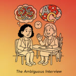 This image shows two individuals sitting at a table conducting a job interview. The interviewer is shown smiling with a text bubble above her filled with letters. The interviewee appears confused, with a tangled thought bubble above her. At the bottom of the image is a caption reading "The Ambiguous Interview". The image reflects the challenges frequently faced by neurodiverse job seekers, and represents the original article "The Interview Process Desperately Needs an Overhaul to Include Neurodiverse Employees. Here’s How It Can Happen." by Creative Spirit Communications Manager, Menachem Rephun.