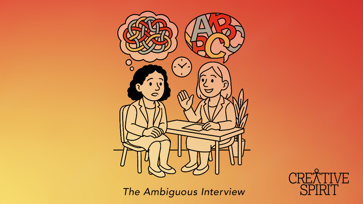 This image shows two individuals sitting at a table conducting a job interview. The interviewer is shown smiling with a text bubble above her filled with letters. The interviewee appears confused, with a tangled thought bubble above her. At the bottom of the image is a caption reading "The Ambiguous Interview". The image reflects the challenges frequently faced by neurodiverse job seekers, and represents the original article "The Interview Process Desperately Needs an Overhaul to Include Neurodiverse Employees. Here’s How It Can Happen." by Creative Spirit Communications Manager, Menachem Rephun.