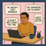 Cartoon graphic of a man sitting at a desk typing on a laptop. Around him are four text bubbles coming from various directions reading, "He Doesn't Look Disabled" and "His Coworkers are so patient" and "He didn't melt down this time" and "What's wrong with him".