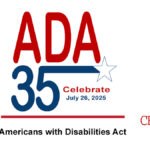 Red text reads "ADA" followed by blue text under it reading "35". Small text next to it reads "Celebrate July 26, 1990". At the bottom of the graphic is black text reading "Americans with Disabilities Act" followed by a red Creative Spirit logo.