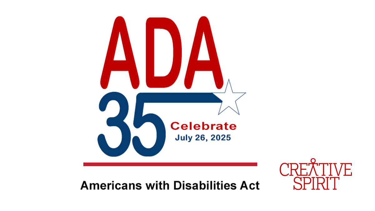 Red text reads "ADA" followed by blue text under it reading "35". Small text next to it reads "Celebrate July 26, 1990". At the bottom of the graphic is black text reading "Americans with Disabilities Act" followed by a red Creative Spirit logo.