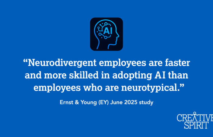 White text reads, ""Neurodivergent employees are faster and more skilled in adopting Al than employees who are neurotypical." Ernst & Young (EY) June 2025 study", against a solid blue background. A white Creative Spirit logo is in the bottom right corner of the graphic.