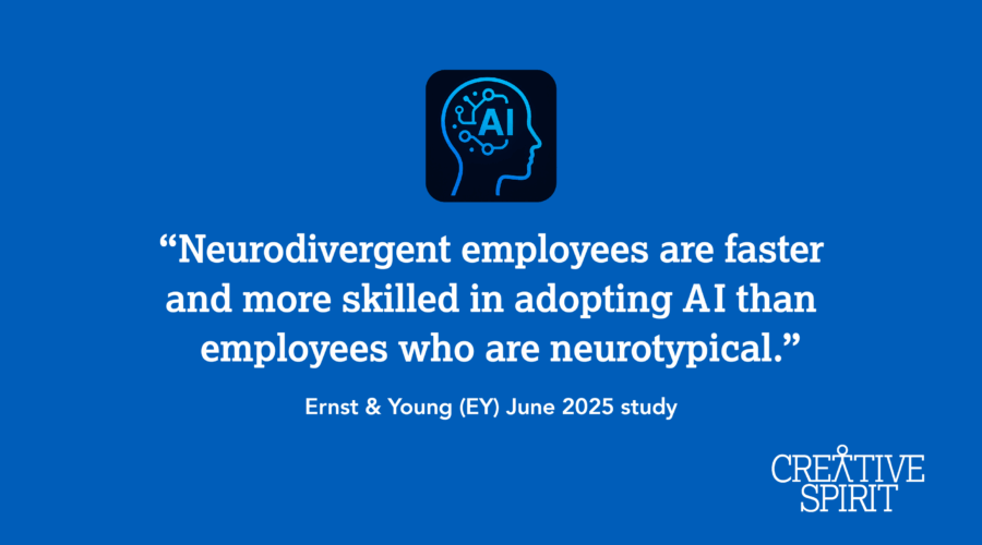 White text reads, ""Neurodivergent employees are faster and more skilled in adopting Al than employees who are neurotypical." Ernst & Young (EY) June 2025 study", against a solid blue background. A white Creative Spirit logo is in the bottom right corner of the graphic.