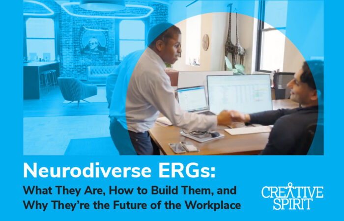 Photo of two employees shaking hands in an office space on a cyan blue background. Text below the image reads, "Neurodiverse ERGs: What They Are, How to Build Them, and Why They're the Future of the Workplace", followed by the Creative Spirit logo.