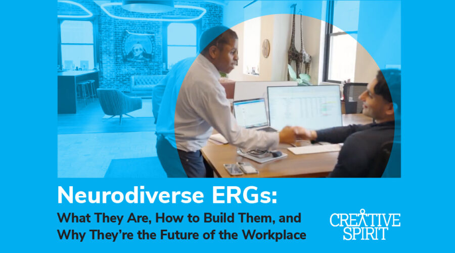 Photo of two employees shaking hands in an office space on a cyan blue background. Text below the image reads, "Neurodiverse ERGs: What They Are, How to Build Them, and Why They're the Future of the Workplace", followed by the Creative Spirit logo.
