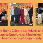 A light orange background with three photos of neurodiversity advocates at Advertising Week NYC 2025. Text reads, "Creative Spirit Celebrates Advertising Week to Promote Employment Inclusion for the Neurodivergent Community".