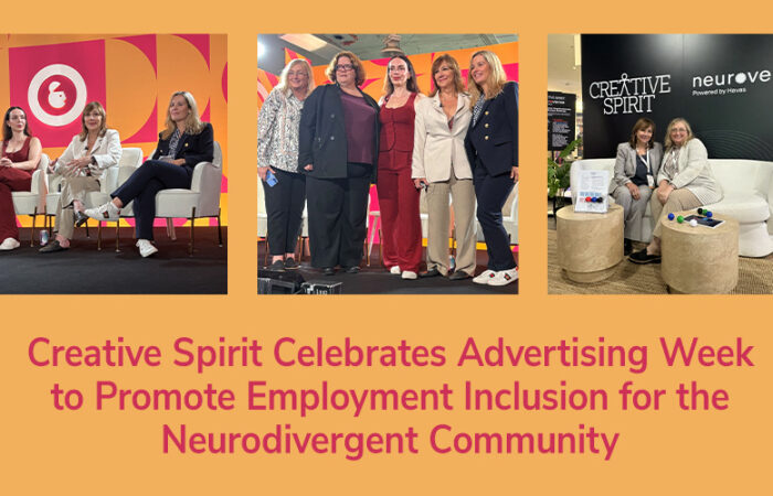 A light orange background with three photos of neurodiversity advocates at Advertising Week NYC 2025. Text reads, "Creative Spirit Celebrates Advertising Week to Promote Employment Inclusion for the Neurodivergent Community".