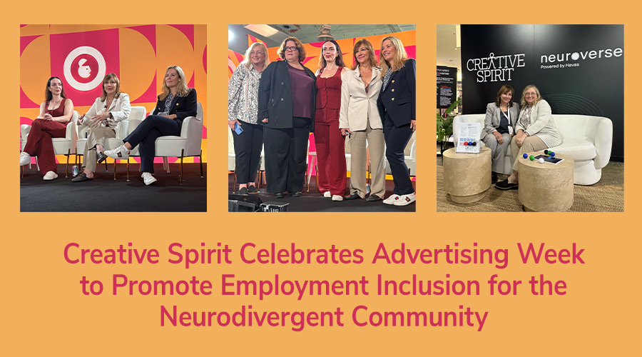 A light orange background with three photos of neurodiversity advocates at Advertising Week NYC 2025. Text reads, "Creative Spirit Celebrates Advertising Week to Promote Employment Inclusion for the Neurodivergent Community".