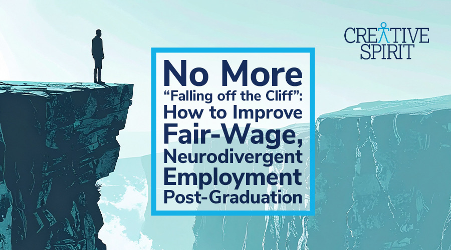 A graphic of a person standing at the top of a cliff and looking forward into the distance. Text reads, "No More Falling Off the Cliff: How to Improve Fair-Wage Neurodivergent Employment Post-graduation".