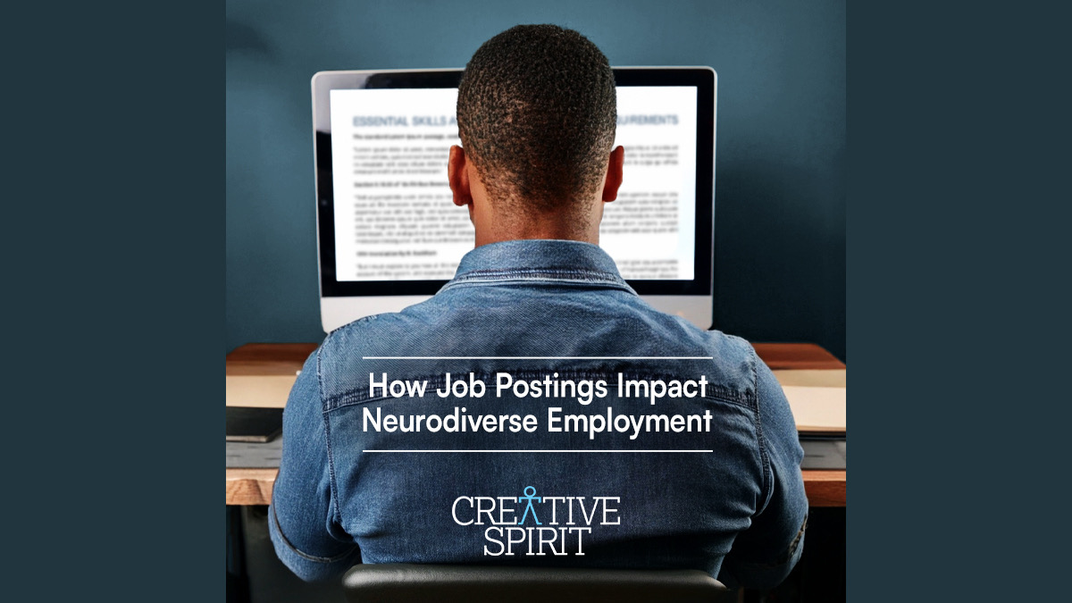 A photo of a job seeker reading a job description on a computer. Text reads, "How job postings Impact Neurodiverse Employment".