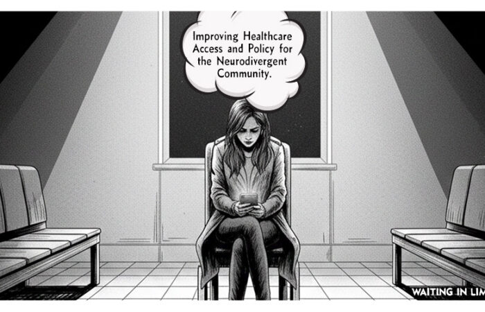 Black and white cartoon graphic of a woman sitting in a waiting room. Above her is a thought bubble with text reading, "Improving Healthcare Access and Policy for the Neurodivergent Community."
