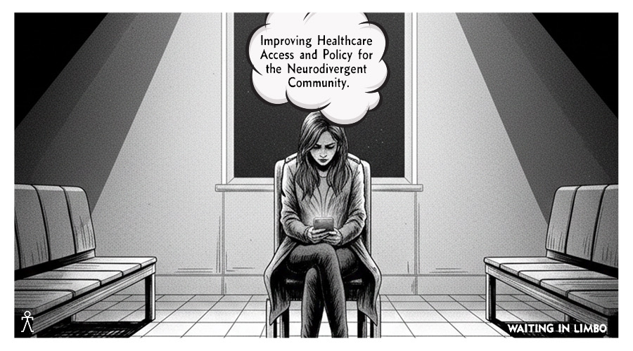 Black and white cartoon graphic of a woman sitting in a waiting room. Above her is a thought bubble with text reading, "Improving Healthcare Access and Policy for the Neurodivergent Community."